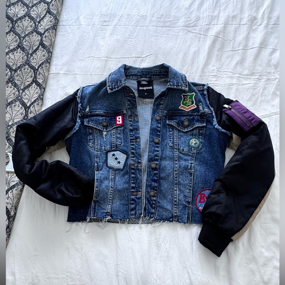 Desigual Blue and Black Jean Jacket with Contrasting Sleeves